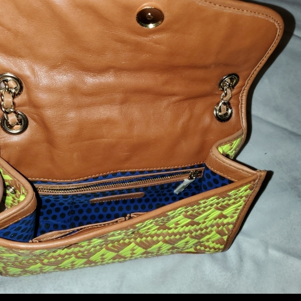 Rebecca Minkoff Woven Lime Green & Brown Leather Chain Crossbody Bag - Picture 7 of 11